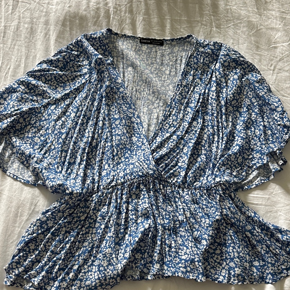 SHEIN Blue and White Floral Blouse